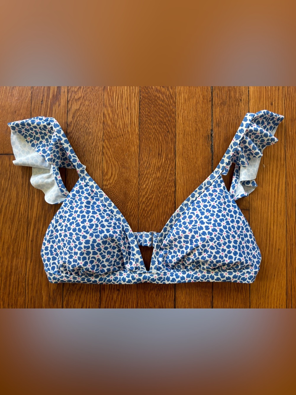 J. Crew Ditsy Floral Blue and White Ruffle Bikini TOP XS